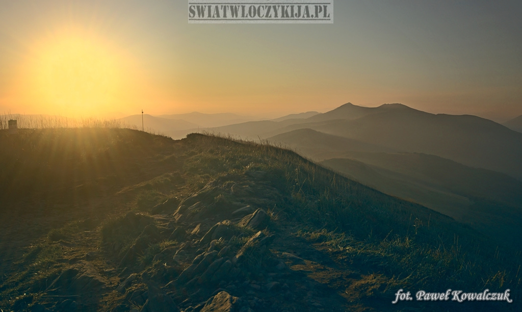Sunrise in the Bieszczady Mountains illuminating the rocky mountain slope