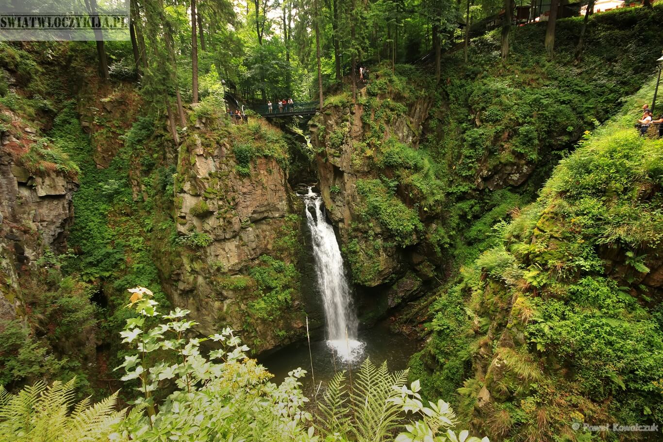 Międzygórze. Zdjęcie przedstawia Wodospad Wilczki. Na środku spieniony wodospad otoczony skałami. Nad wodospadem mostek z turystami