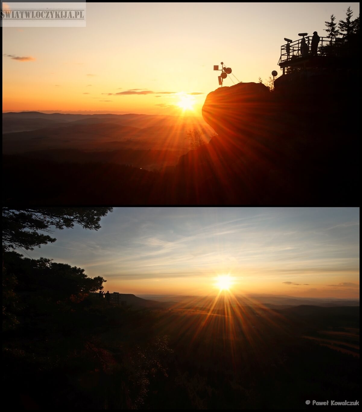 Kolarz ukazujący wschód i zachód słońca na górze Szczeliniec Wielki w Górach Stołowych