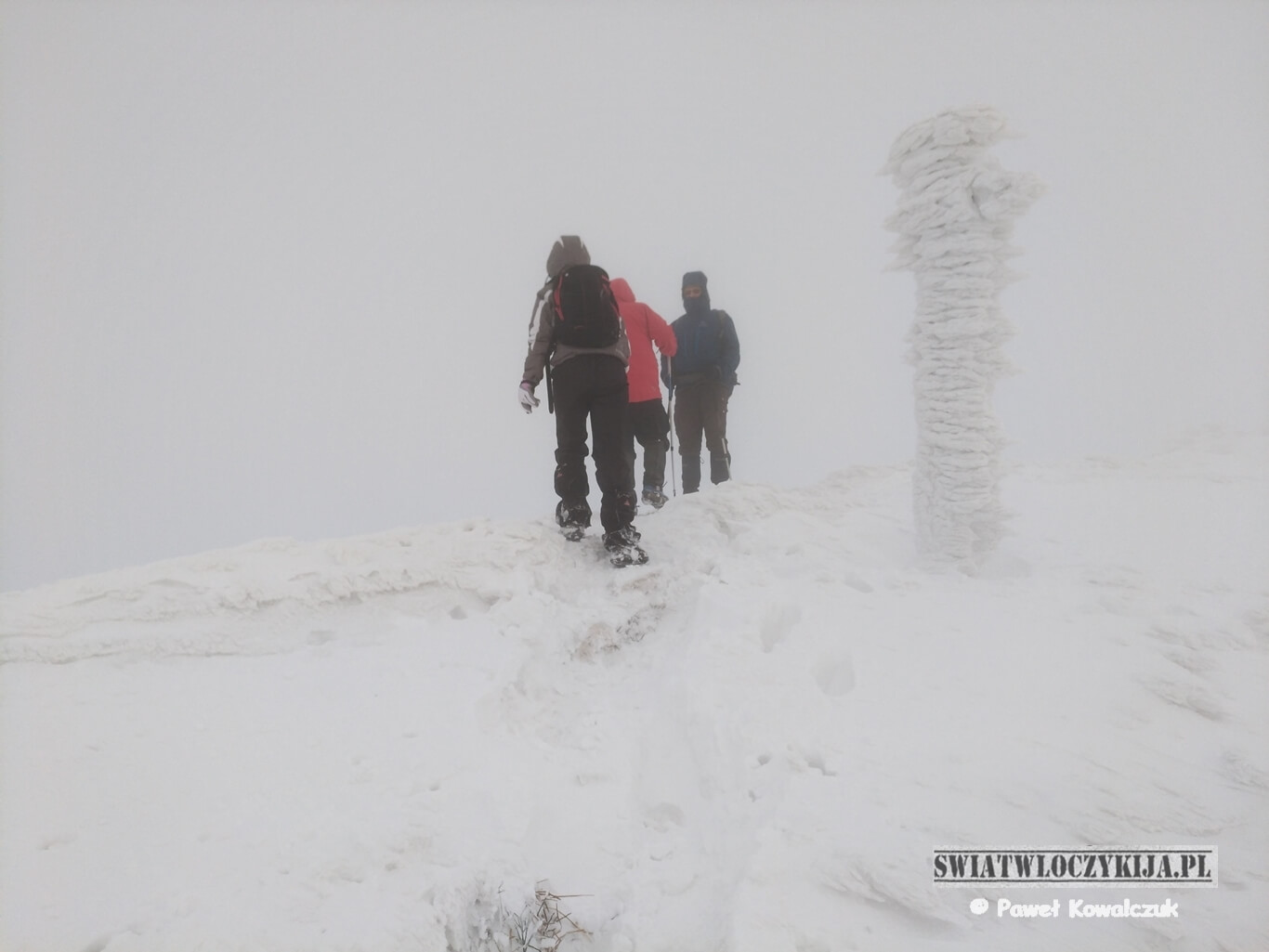 Połonina caryńska w gęstej mgle i śniegu. Na zdjęciu oblodzony słupek i grupka ludzi brnących w śniegu.
